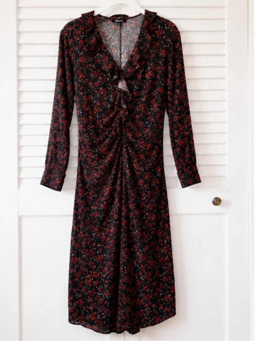 Madewell Ruffled Midi Dress Rose Red Floral Long Sleeve Ruched Women’s Medium